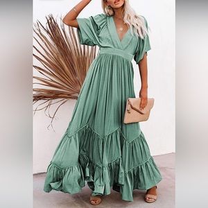 NWOT Meenew Women's Maxi Dress Summer Casual Long Bohemian Dress XL Light Green